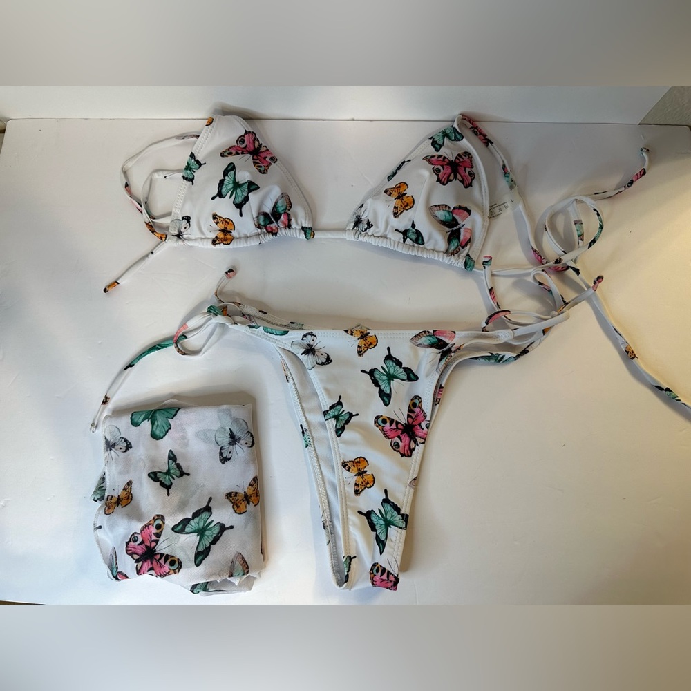White Butterfly Print String Bikini Set